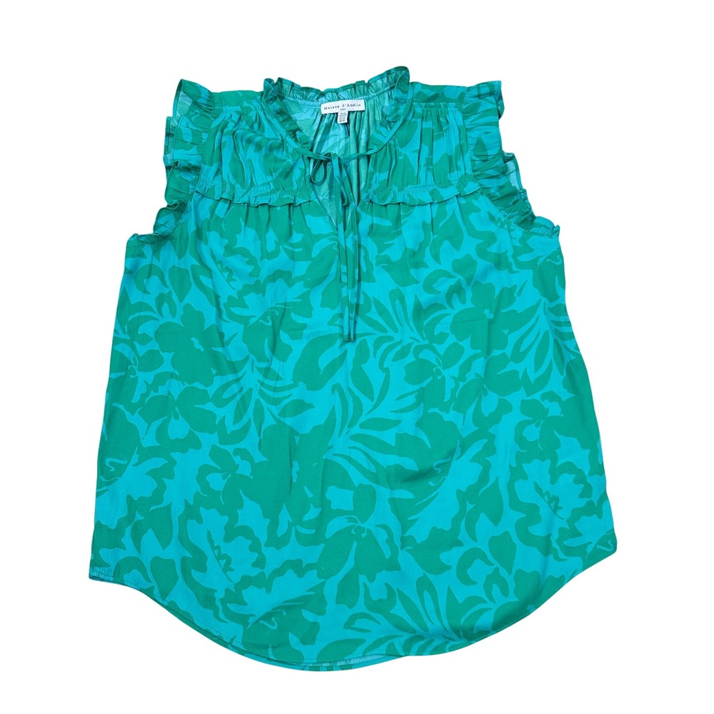NWOT Maison d'Amélie Women Green Floral Ruffle Sleeveless Blouse Size XS
